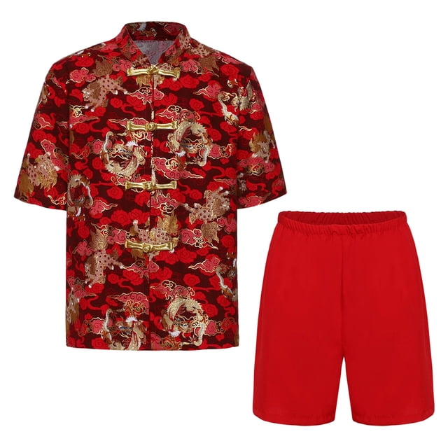 Hansber Garçons Coton Uniforme Tang Brodé Dragon Traditionnel Chinois Kung-Fu Tang Arts Martiaux Ensembles Rouge-g 150