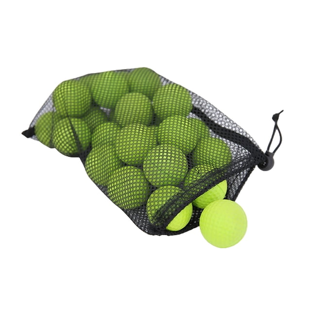 24 Pack Golf PU Foam Practice Balls, featuring 24 soft, lightweight green foam golf balls made of durable resin PU rubber with a diameter of 42.6mm (1.68 inches). Includes a black mesh drawstring storage bag. Ideal for indoor practice, children's training, and backyard use, these balls are safe for furniture, windows, and pets.