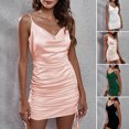 thumbnail image 2 of Women Sleeveless Mini Dress Adjustable Spaghetti Straps Drawstring Party Club Satin Dress, 2 of 7