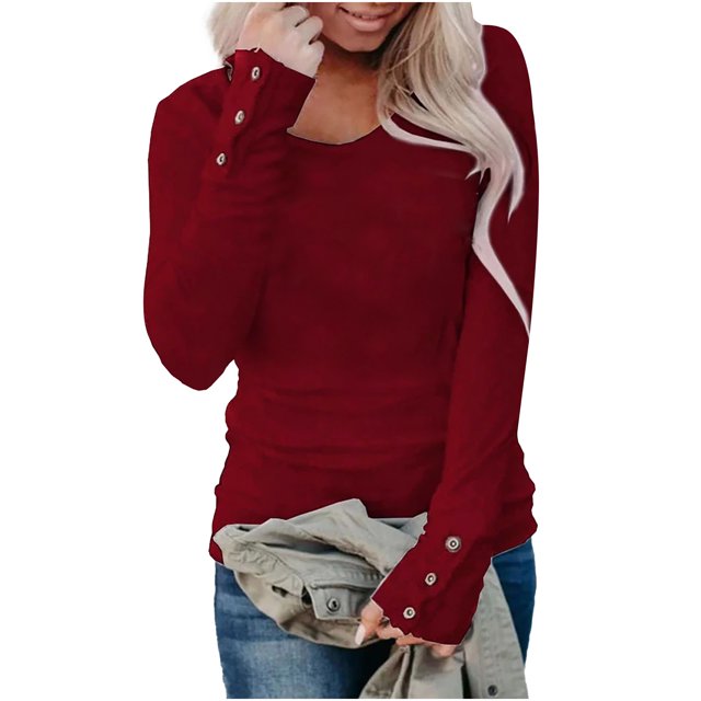 CEHVOM Women Casual Loose Pullover Long Sleeve Button Round Neck Tees Tops