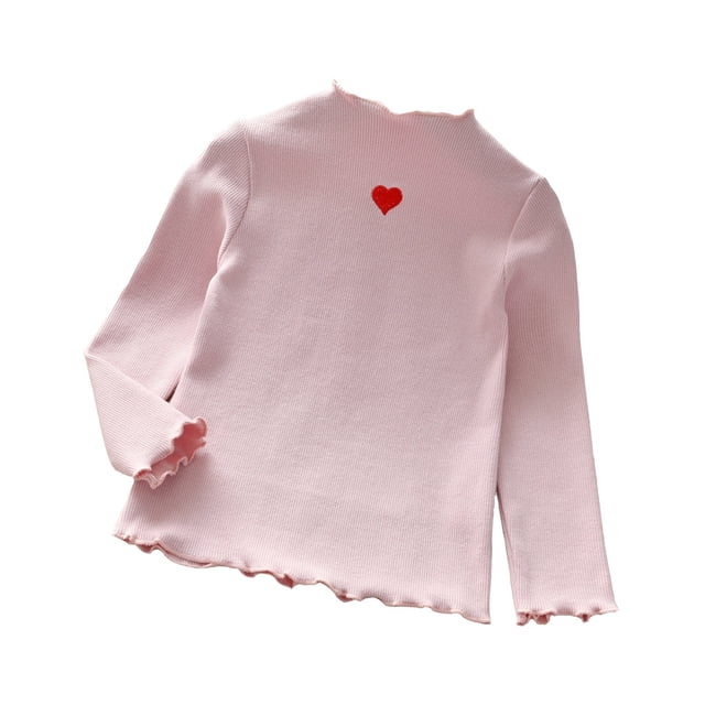 Girls' Tops,Tees & Blouses Baby Spring Heart Print Cotton Ruffle Long Sleeve Knitted Pullover Pink Casual Fall Tops for 6-7 Years
