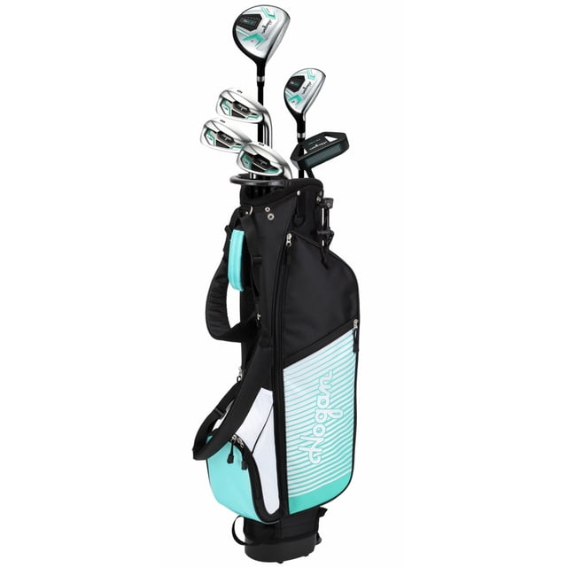 Hogan Golf TX-682 Graphite/Steel Half Ladies Right Hand Golf Set featuring a multicolour design. Includes a Hyper Steel 3 Fairway Wood with 15° loft and lightweight graphite shaft, a Hyper Steel 4 Hybrid for versatile long shots, and oversized stainless steel 6, 8, and SW irons with enhanced perimeter weighting and wide soles for easy launch. Also includes a mallet putter with a large sweet spot for improved consistency and a lightweight 6.5” dual strap stand bag with a 4-way organizer top, multiple storage compartments, valuables pocket, rain hood, umbrella holder, velcro glove holder, and towel ring.