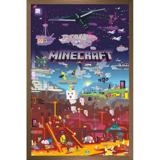 Minecraft - Affiche Murale « World Beyond », 22,375 Po x 34 Po Représentant des Personnages et des Créatures Minecraft Pixélisés dans un Monde Fantastique à Étages avec des Îles Flottantes, un Grand dragon Noir, des Oiseaux Blancs Volants et Diverses Foules à Travers le Ciel, la surface et des sous-Sols Remplis de Lave, Imprimée sur Papier Lustré, Convient à la Décoration de Chambre Ou de Bureau.