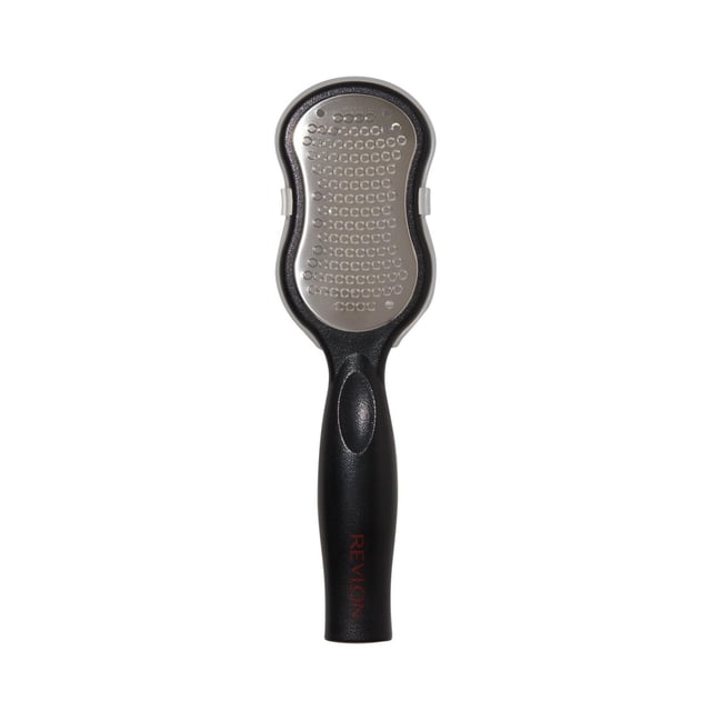 Revlon Callus Remover, Foot File with No-Mess Cover, with a black ergonomic handle and stainless steel exfoliating surface designed to gently remove calluses and dead skin, leaving feet soft and smooth, ideal for regular pedicure care.