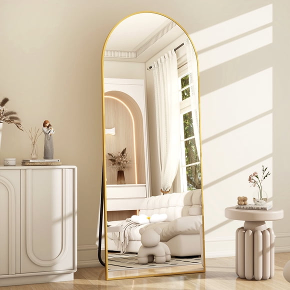 BEAUTYPEAK Miroir sur Pied Arqué 163 X 54 cm, en MDF Robuste avec Support, Couleur Or.