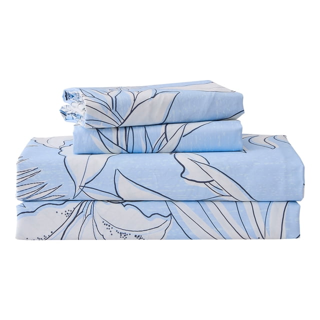 Gogreen 4PC Deep Pocket Queen Sheet Set Fit 16", Breathable Microfiber Soft Queen Size Sheet Set, Hotel Style Bed Sheet Set, Gift for Women, Men - Blue Leaves