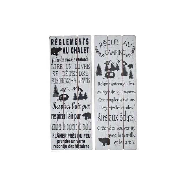 Enseigne Murale en Bois (Règles au Chalet/Camping) (Asstd) - Ensemble de 2 Panneaux en Bois Blanc Vieilli avec Texte Français Noir et illustrations Rustiques d'Ours, de Pins, de Montagnes et d'Une Roulotte, Idéal comme Ensembles d'Art Mural pour la Déco de la Maison dans les Salons Ou les Chambres.