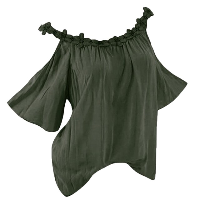 Birdeem Plus Size Women Applique Collar Round Neck Flower Solid Tops Strapless Cold Shoulder T-Shirt Blouse