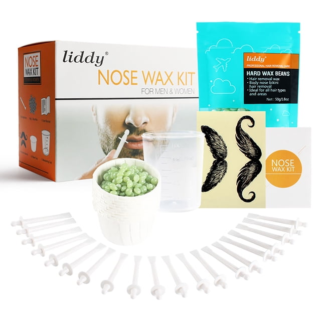 Mareep Nose Hair Removal Wax Kit for men and women, featuring a multicolour design. The kit includes a box, a bag of hard wax beans (50g), a measuring cup, 10 paper cups, 20 nose wax sticks, 8 beard sticks, and a user manual. Designed for safe, convenient, and fast nasal hair removal, the kit provides long-lasting results for up to 5 weeks. The accessories include a balm cleaner to soothe waxed areas and a beard protector. Suitable for home use, it is easy to operate and gentle on the skin.