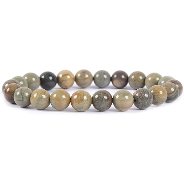 Bracelet Extensible Unisexe en Perles Rondes de 8 mm en Jaspe Feuille d'Argent Naturel