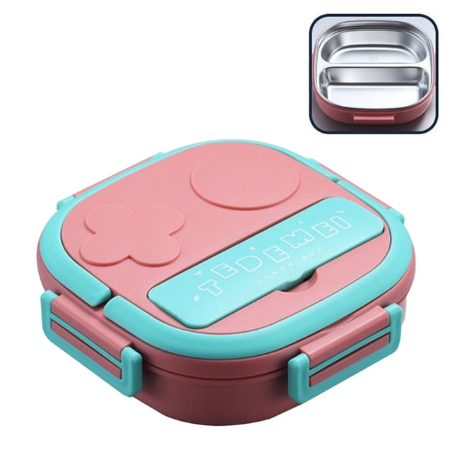 RKSTN Bento Box Outdoor Tableware 304 Portable Stainless Steel Lunch Box with a robot-shaped design, two compartments, and a pink and teal exterior. Features a hidden handle for portability, secure side buckles to keep food fresh, and a stainless steel interior for durability and easy cleaning. Ideal for food storage, school lunches, or picnics.