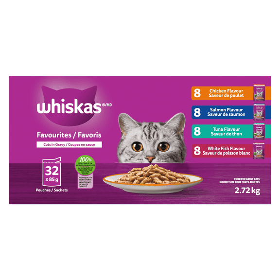 Nourriture humide pour chats adultes WHISKAS FAVORIS coupes en sauce en format variété – saveur de poulet, saveur de saumon, saveur de thon et saveur de poisson blanc, 32 sachets de 85 g