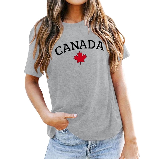 PMVFHDE T-Shirt à Imprimé de Déclaration « Keep Canada Flag Proud » pour Femmes Gris,m