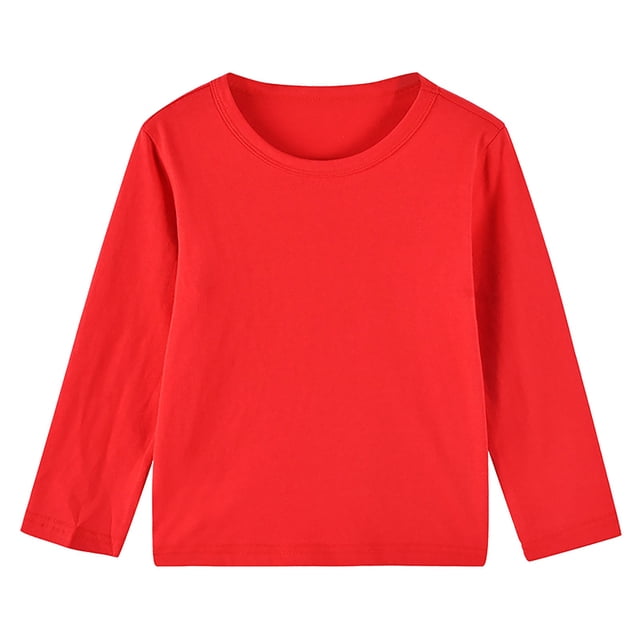 T-Shirt à Manches Longues pour Enfants Col Ras du Cou Garçon Fille Coton Doux T-Shirts de Base Décontractés Unis T-Shirts Hauts 1-13 Ans (6-8 Ans, Rouge)