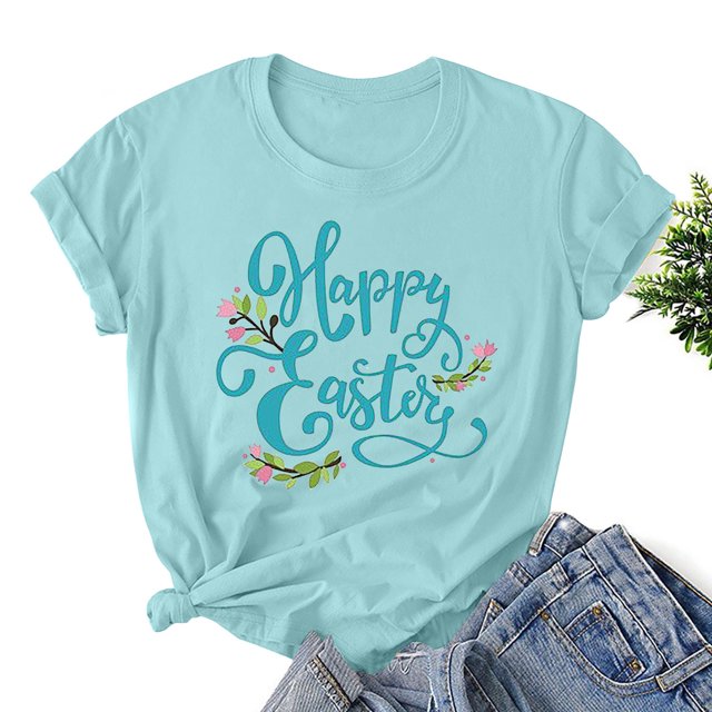 EGNMCR T-Shirts Imprimés de Pâques pour Femmes, T-Shirts Graphiques pour Femmes, T-Shirts Imprimés de Pâques pour Femmes, Col Rond, Manches Courtes, T-Shirts Amples pour Femmes
