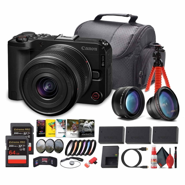 Canon EOS R50 V Camera + Objectif Zoom Power 14–30mm / Écran Vidéo / Rabattable 24.2MP APS-C / 4K60p (6895C012) + Logiciel Photo + 2 x Carte Mémoire 64 Go + Plus (Modèle International)