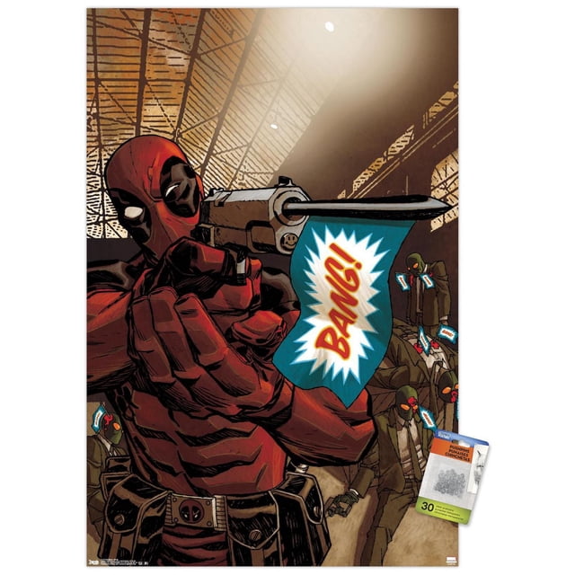 Marvel Comics - Deadpool - Affiche Murale « Bang », 22,375 Po x 34 Po, Impression d'Art Mural Brillant Montrant Deadpool en Rouge et Noir Visant un revolver avec un Drapeau Bleu Lisant « Bang! » en Rouge, contre des Figurines Masquées en Complet Tenant des Drapeaux Similaires, Convient à la Décoration de Chambre Ou de Bureau.