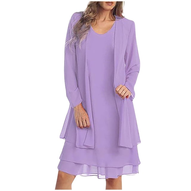 Yuyuzo Ensemble de Robe d'Invitée de Mariage 2 Pcs Tenues Formelles Chiffon Manches Longues Cardigan Ouvert Maxi Robe de Soirée