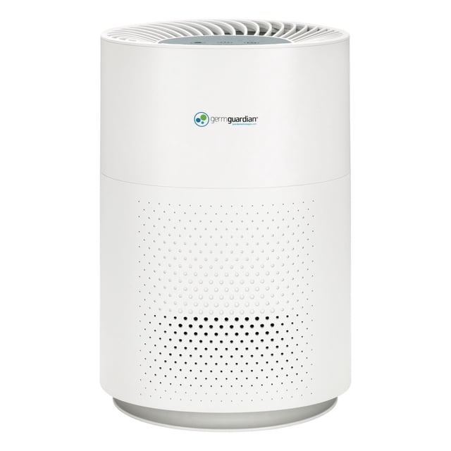 GermGuardian AC4200W HEPA Table Top Console Air Purifier in white with a compact 13-inch cylindrical tower design featuring perforated lower vents and a top circular vent with electronic controls, ideal for small rooms to trap allergens and reduce odors using a 360-degree HEPA filter and activated charcoal layer.