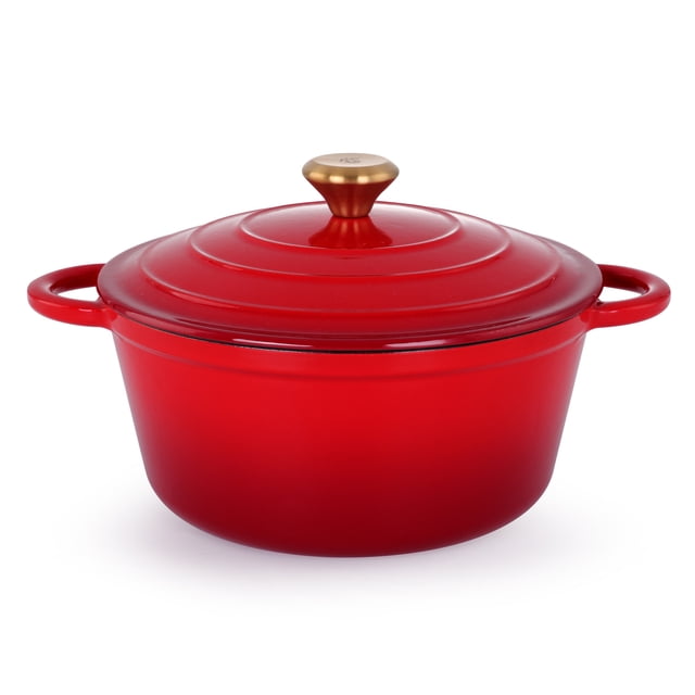 3.5 Litre Kitchen Star Cast Iron Dutch Oven 24cm in red featuring heavy-duty cast iron with chip-resistant enamel coating, a gold-tone knob lid, ergonomic handles, and excellent heat retention, compatible with all stovetops and oven-safe, ideal for slow-cooked stews, roasts, and breads.