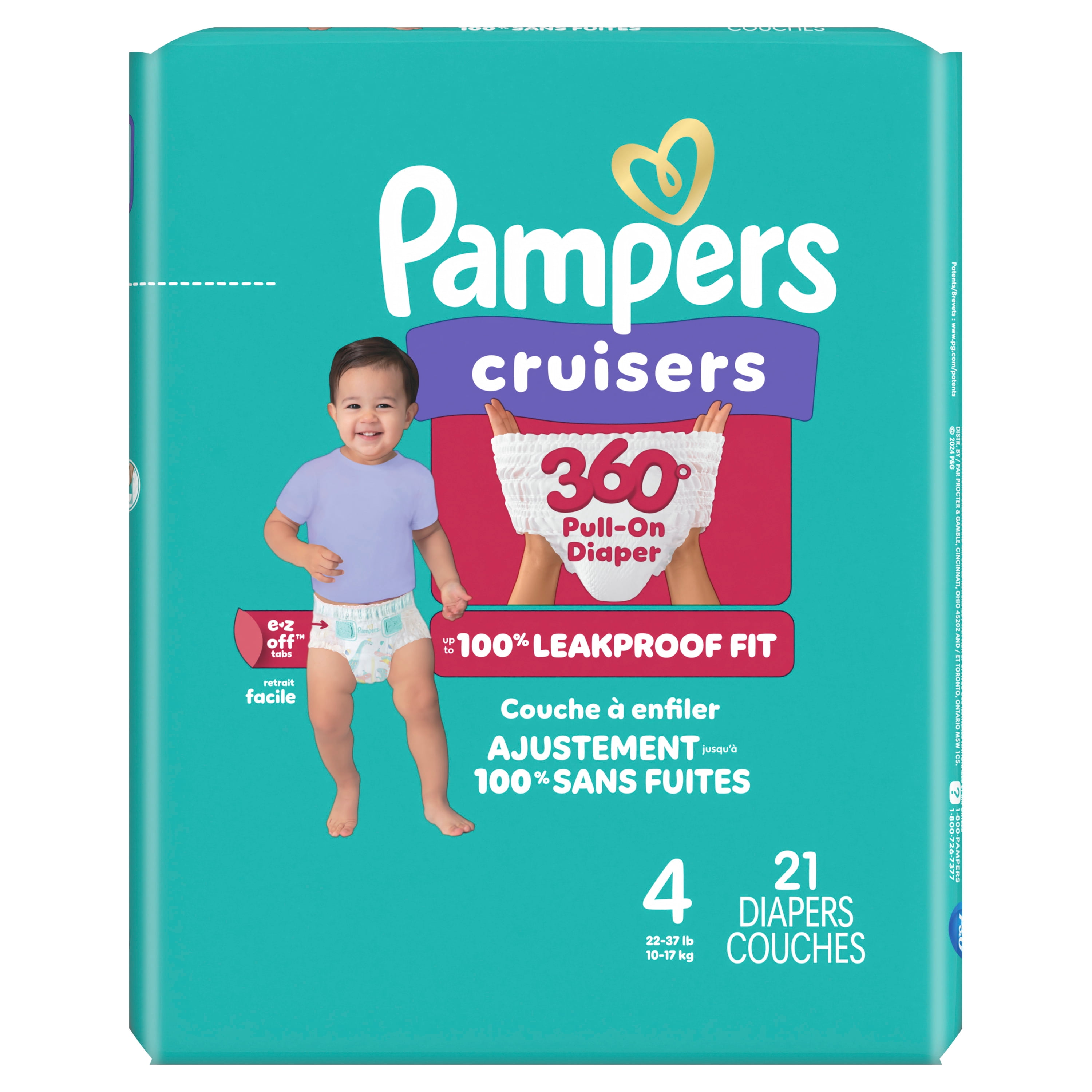 Couches Pampers Cruisers 360°, ajustement jusqu’à 100 % sans fuites, conçues pour les bébés actifs, couche à enfiler, rabats rapides conçus pour faciliter les changements, taille 4, 21 unités
