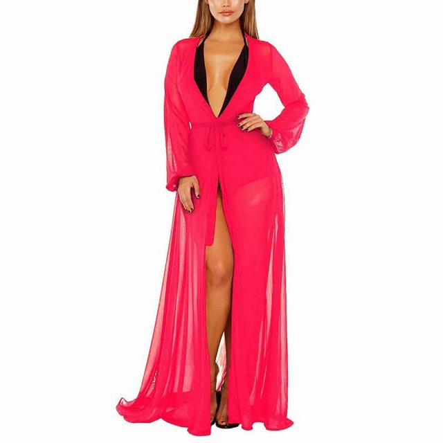 Femmes Mousseline de Soie Maillot de Bain Cover Ups Manches Longues Cardigan Ouvert See-through Maxi Robe Beachwear