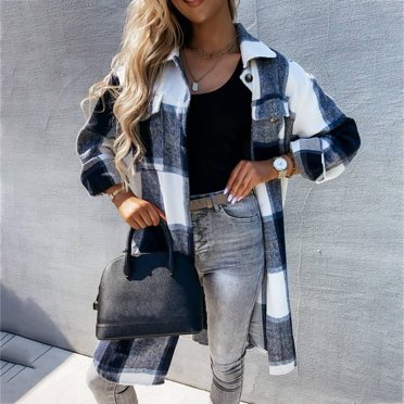 TIMIFIS Womens Fall Fashion Women's Casual Lapel Button Down Long Plaid Shirt Coat Tartan Shacket Jacket Womens Tops