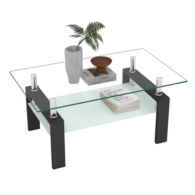 Rectangle Walnut Glass Coffee Table, Clear Coffee Table, Modern Side Center Tables for Living Room, Living Room Furniture