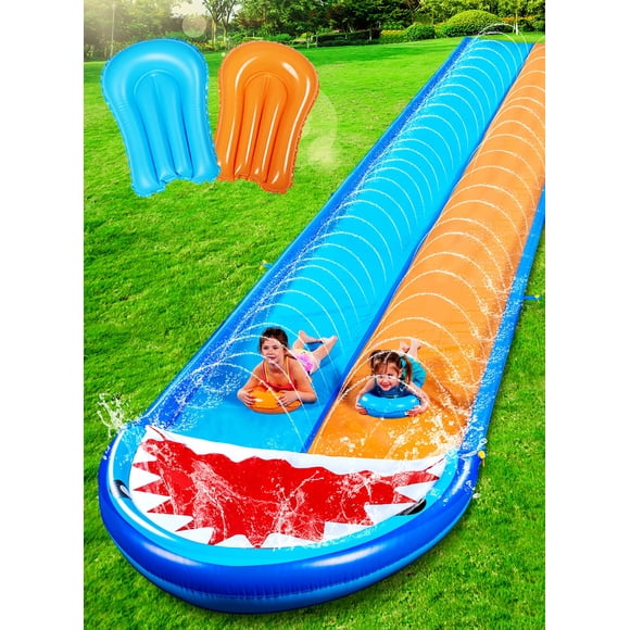 Sloosh 22.5ft Shark Double Water Slide Heavy Duty Lawn Water Slide with Sprinkler and 2 Slip Inflatable Boards for Party in Summer Yard Lawn Outdoor Water Play Activities