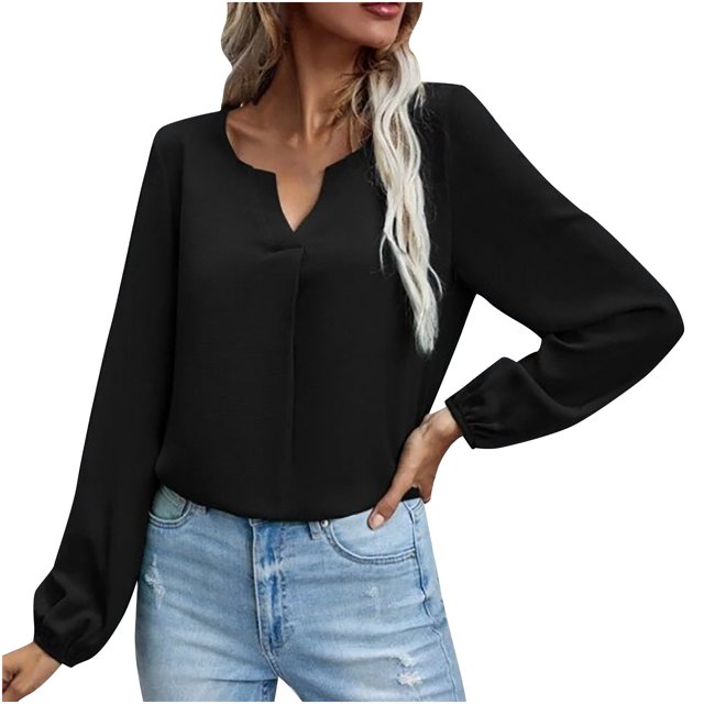 Womens Long Sleeve Tops and Blouses Womens Satin Socket V-Neck Solid-Color Commute Long Sleeve Blouses Shirt Tops. A black satin blouse with long sleeves, a V-neck design, and a relaxed fit. Paired with light blue distressed jeans, ideal for casual, daily, or commute wear. Suitable for women seeking stylish and comfortable tops.
