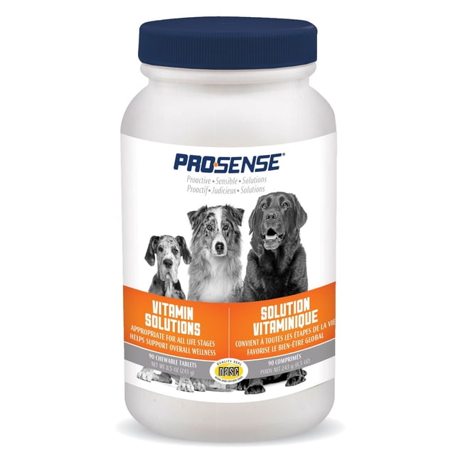 ProSense Dog Vitamin Solutions All Life Stages Formula, 90 chewable tablets in a white bottle with navy blue lid, label featuring three dogs and an orange banner stating support for overall wellness at all life stages, NASC quality seal and net weight 8.5 oz (243 g).