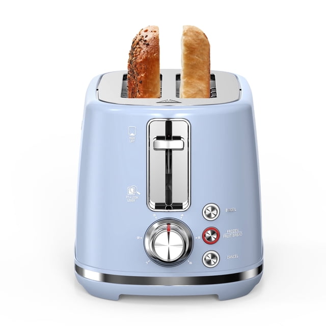 LONGDEEM Grille-Pain 2 Tranches en Bleu pastel avec Fentes Extra Larges de 1,5 Po Tenant Deux Tranches de Pain. Appareil de Cuisine Compact en Acier Inoxydable avec six Réglages de Brunissage, Levier à Haut Levier, Arrêt Automatique et Plateau à Miettes Amovible. les Commandes Orientées vers l'Avant Incluent des Fonctions de Réchauffage, de Décongélation et d'Annulation.