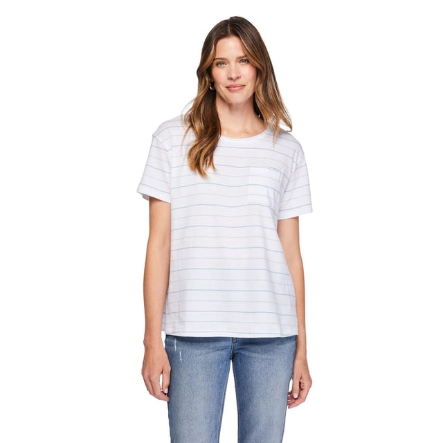 George T-Shirt à Poche pour Femme en Tricot jersey Doux 100 % Coton BCI avec Col Ras du Cou, Manches Courtes et Épaules Tombantes. Comprend une Poche Poitrine, un Imprimé Intégral et un Ourlet Arrondi Qui s'Agence avec des jeans Ou des leggings; Convient pour Superpositions Décontractées et Voyages.