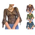 thumbnail image 3 of MesaSe Chandail Rétro pour Femmes Manches Évasées Imprimé Floral Ourlet en Dentelle Col en V, 3 of 3