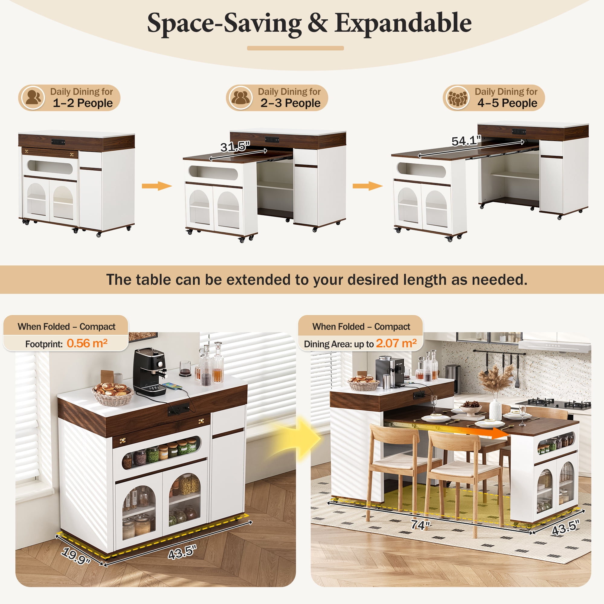 Table de salle à manger extensible Noble House TREXM avec plateau rabattable extra-long, îlot de cuisine roulant avec tiroirs (Noyer + Blanc crème)