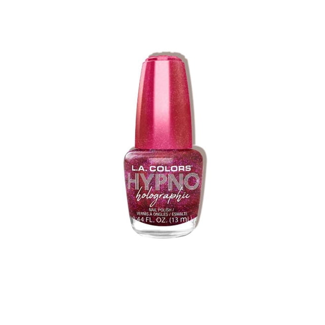 Hypno Holographic Nail Polish by L.A. COLORS in a 13ml bottle with a shiny pink cap and deep magenta holographic polish containing iridescent sparkles that reflect light with a rainbow shimmer, ideal for nail care and adding a holographic effect over any color.