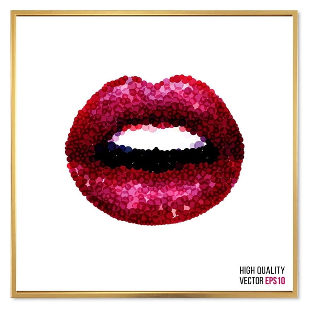 Designart Cadre Mural Flottant de Lèvres de Femme Aguichant Rouges ART Représentant un Gros Plan Centré de Lèvres Rouges Stylisées Formées de Points Circulaires Superposés en Nuances Rouges et Roses sur Toile de Coton Blanche de Qualité Supérieure, Enveloppées et Étirées sur un Cadre Flottant en Bois de 1 Po, Prêtes à Accrocher et Idéales pour la Déco Maison Moderne.