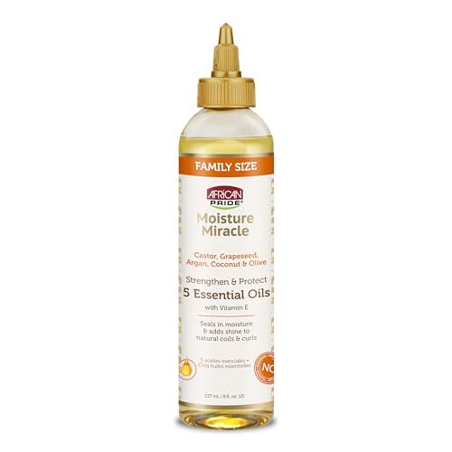 African Pride Moisture Miracle 5 Essential Hair Oils with Vitamin E | Moisture Shine Protection and Growth | Argan Castor Grapeseed Coconut and Olive Oil | 8 oz
