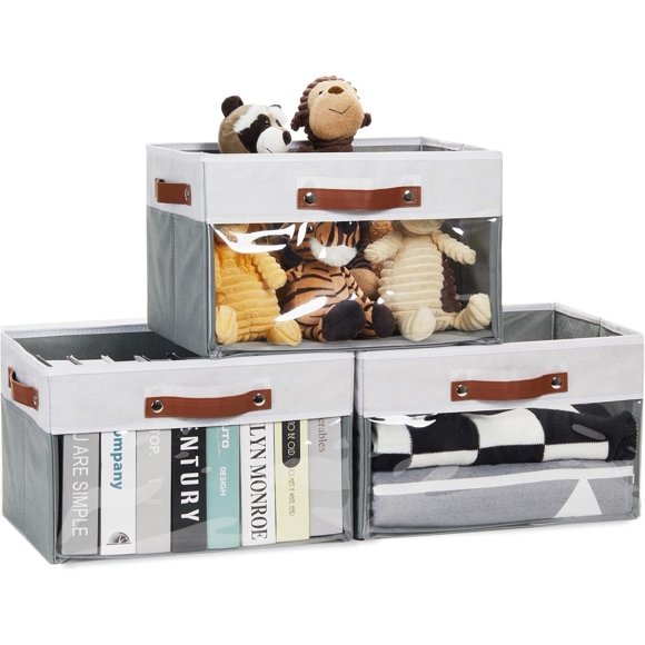 Bacs de Rangement en Tissu HNZIGE pour Étagères, Bac de Rangement Pliable pour Placard avec Fenêtre Transparente, Grand Bac de Rangement en Lin Pliable, Panier de Rangement Décoratif pour Organiser la Maison (Blanc Gris 15 x 11 x 9,5)