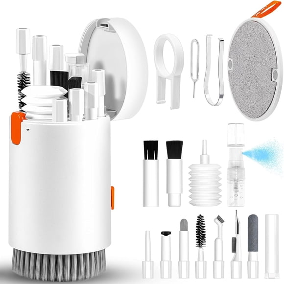 Djiypn Keyboard Cleaner Kit, Electronics Cleaning Kit with Retractable Big Brush, Portable 20-IN-1 Multi-Tools Kit for Phones, Tablet, Computer, PC, TV Camera Lens with 10ml Mist Spray (White)