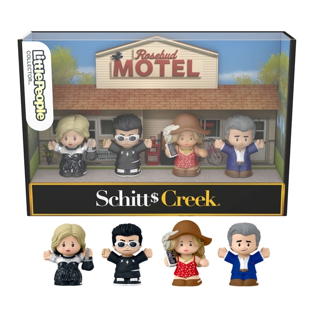 Little People Collector Schitt’s Creek Special Edition Set featuring four Rose family figures over 2.5 inches tall, dressed in signature outfits including Johnny in a blue suit, Moira in a black dress, David in a black sweater with lightning bolts, and Alexis in a red polka-dot dress and brown hat, displayed in a decorative box styled like the Rosebud Motel.
