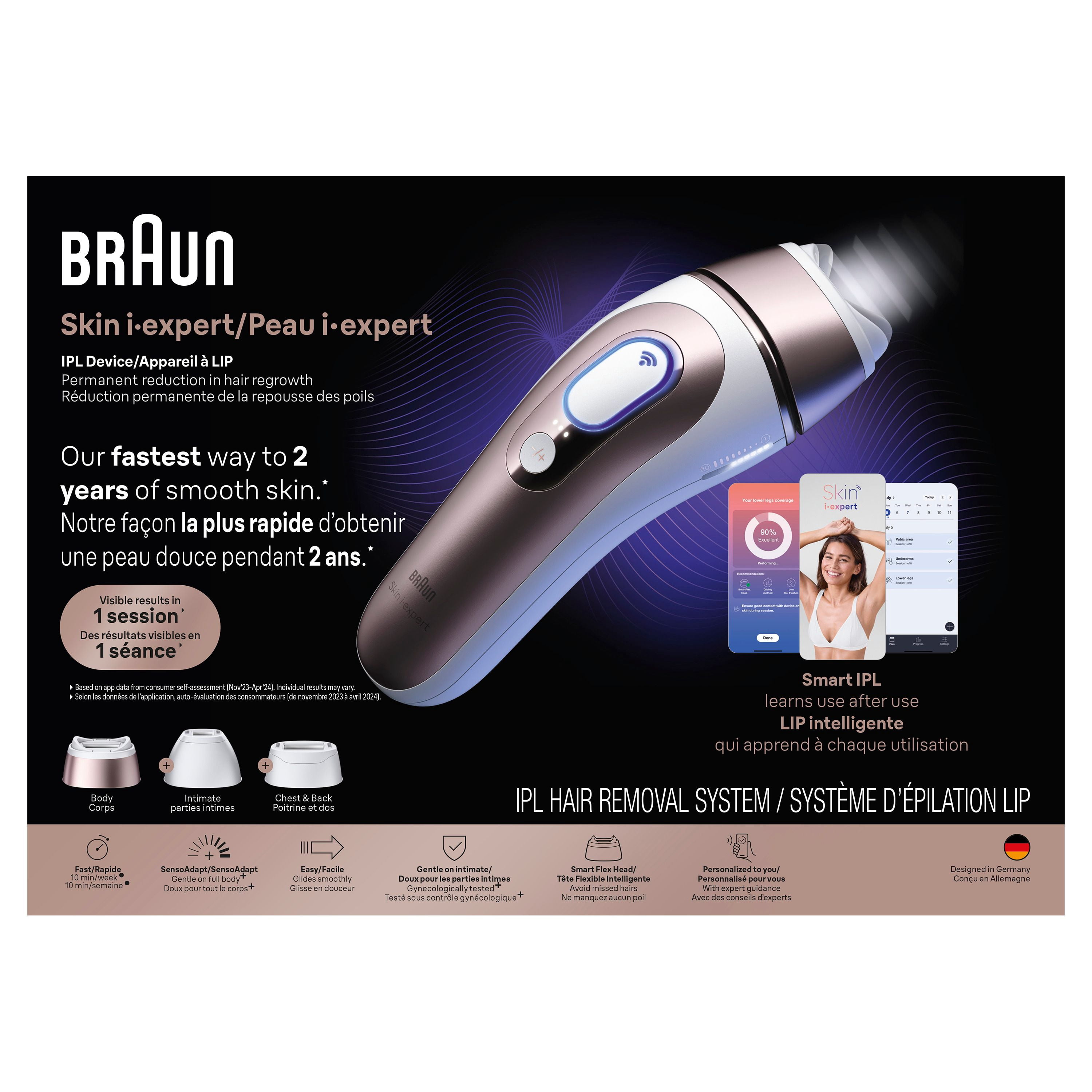 Système d’épilation à domicile Braun Peau i-expert, technologie LIP intelligente, PL7243, pour femmes et hommes, avec application, avec étui haut de gamme, 3 têtes, rasoir Venus