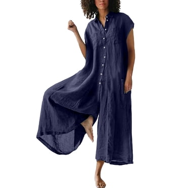 Combinaison Chemise en Coton pour Femmes, Couleur Unie, Décontractée, à Manches Courtes, Longueur Moyenne