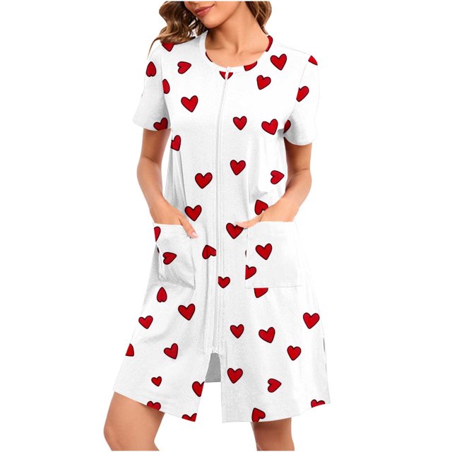 Manteau de Maison à Fermeture Éclair pour Femmes, Robes à Manches Courtes Courte Nuisette Peignoirs avec Poches Mignonne Robe de Nuit Imprimée Blanc TG