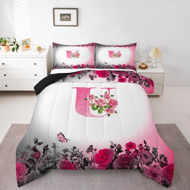 Erosebridal Ensemble de Literie Monogrammée pour Lit Simple, Couette Personnalisée avec Initiale, Décoration avec Lettre, Réversible, Légère, 2 Pcs