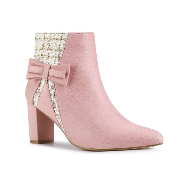 BLISSFUL STEP Women's Pointed Toe Plaid Block Heels Ankle Boots Pink 10
