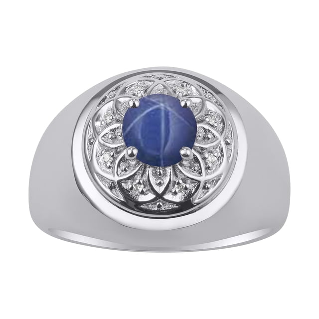 RYLOS Men's Rings 14K White Gold Designer Gypsy 7MM Round Gemstone & Diamond Ring Blue Star Sapphire September Size 10