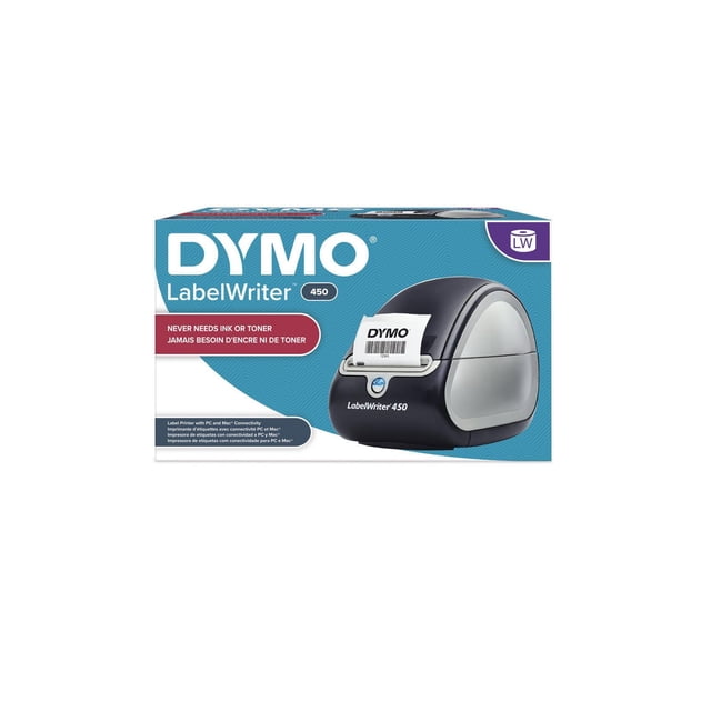 DYMO LabelWriter 450 Label Printer packaging showing a compact black and silver thermal label printer printing a barcode label. The box highlights no ink or toner needed and PC/Mac connectivity, ideal for efficient office labeling and mailing.
