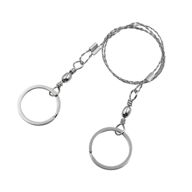 Koolsoo stainless steel wire saw manual chain saw, featuring a 70cm (27.56-inch) spirally wound steel wire with two circular handles for grip. Designed for backpacking, climbing, gardening, and emergency survival use. Compact and portable, suitable for outdoor activities and cutting tasks.