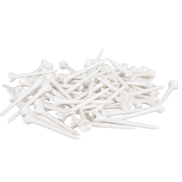 100Pcs 83 mm Professional Tee System Plastic Golf Tee designed to maximize golfers' teeing performance. These golf accessories feature a reinforced ABS body for durability, an oversized head for stability, and a raised 4-head design to reduce friction for improved distance. The package includes 100 white golf tees.